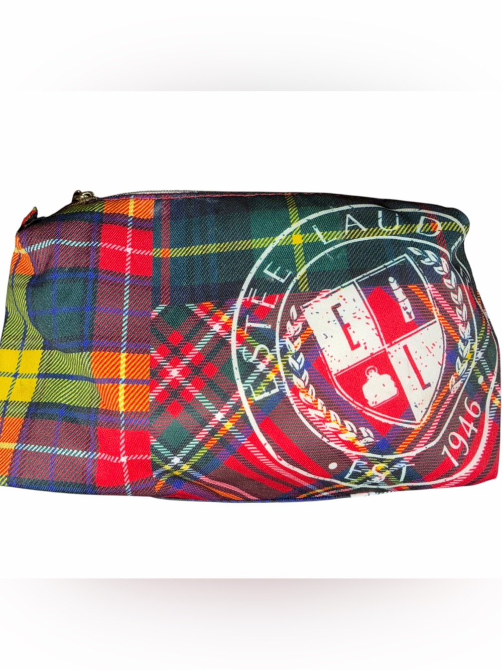 Estee Lauder Multicolor Plaid Cosmetic Pouch - Red, Green, Yellow, Blue